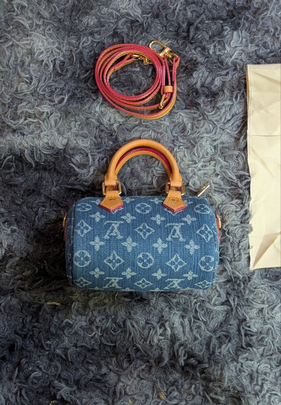 Louis Vuitton Blue Denim Mini Satchel with Tan Handles and Gold Hardware - Picture 4 of 10